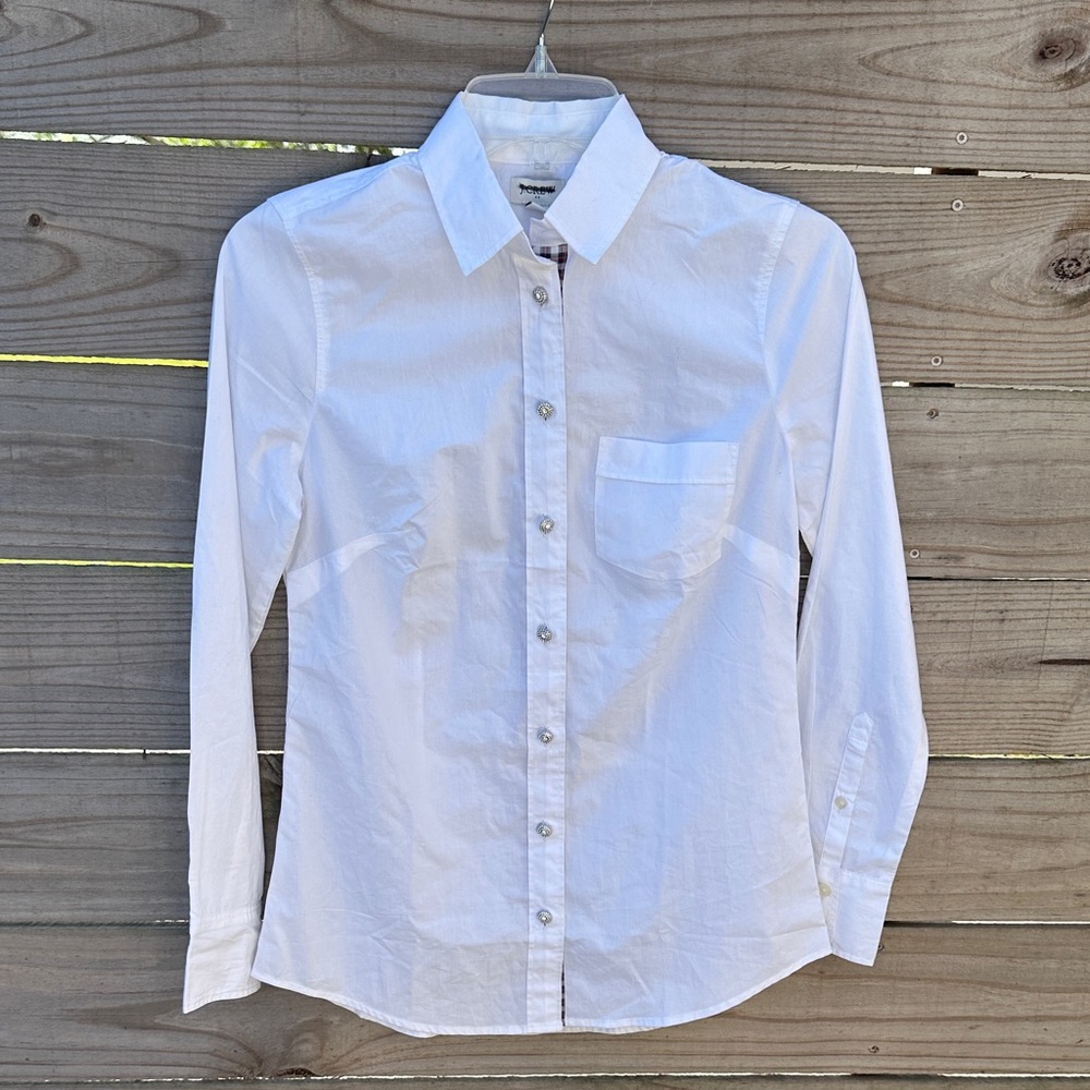 NWT J crew white rhinestone silver button down long sleeve plaid trim shirt XXS